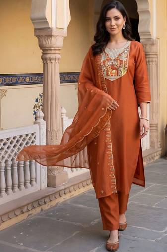 women ethnic motifs embroidered regular thread work kurta with trousers & with dupatta