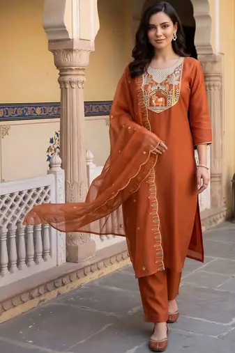 women ethnic motifs embroidered regular thread work kurta with trousers & with dupatta