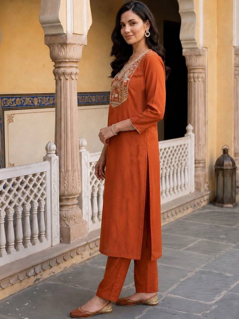 women ethnic motifs embroidered regular thread work kurta with trousers & with dupatta