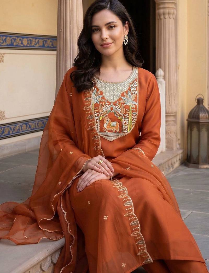 women ethnic motifs embroidered regular thread work kurta with trousers & with dupatta