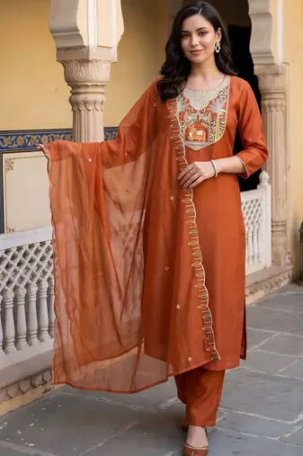 women ethnic motifs embroidered regular thread work kurta with trousers & with dupatta