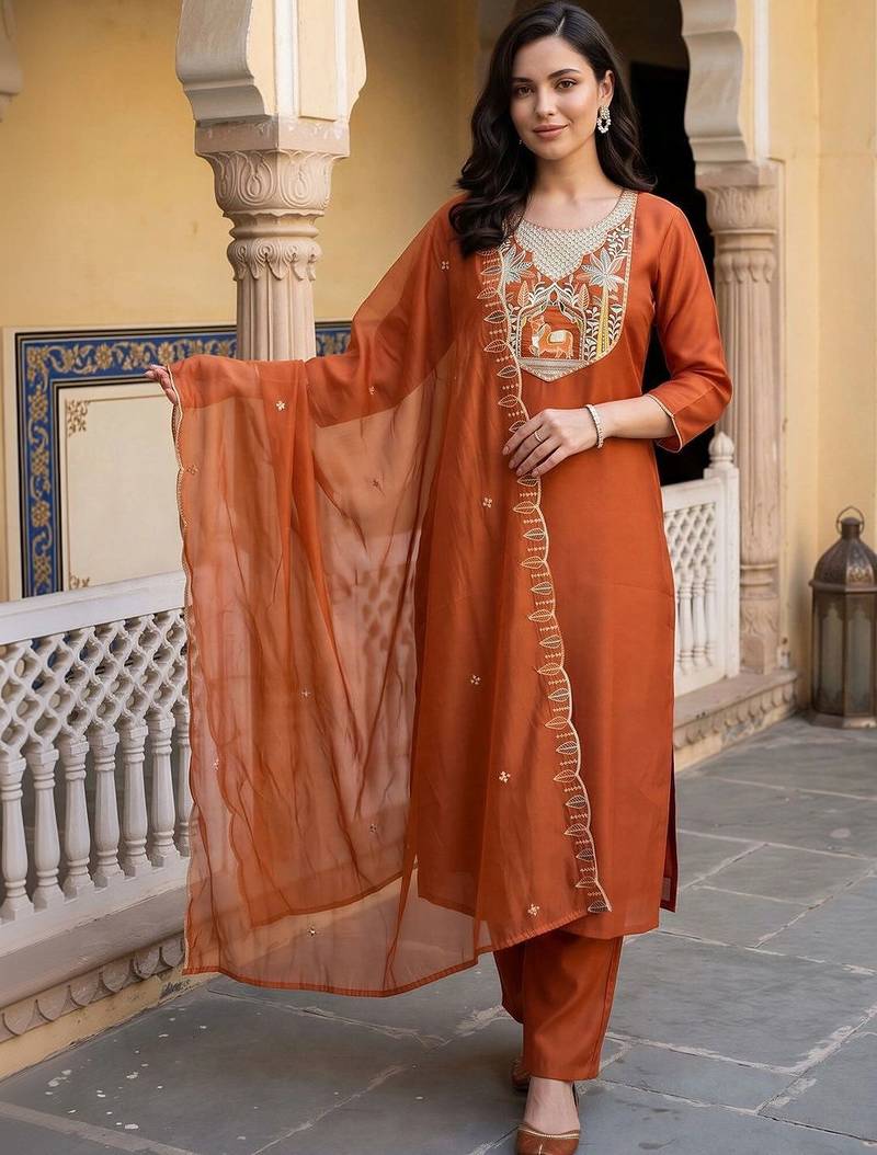 women ethnic motifs embroidered regular thread work kurta with trousers & with dupatta
