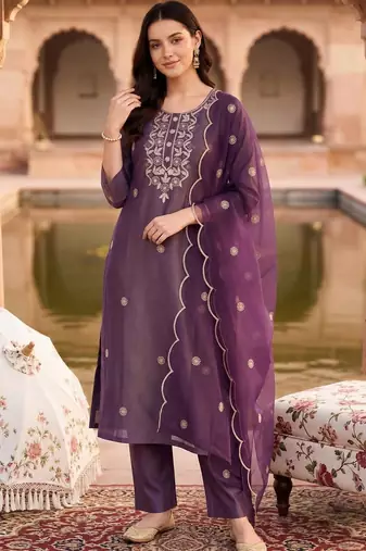 women ethnic motifs embroidered regular thread work kurta with trousers & with dupatta