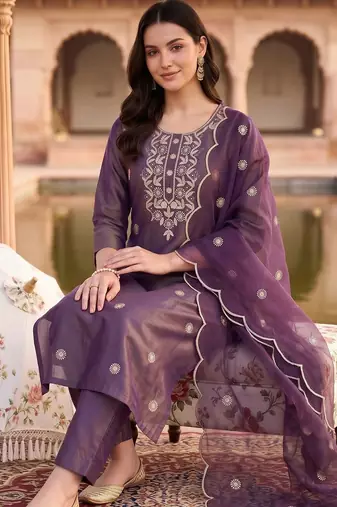 women ethnic motifs embroidered regular thread work kurta with trousers & with dupatta