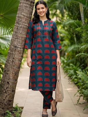 women printed regular cotton kurta with trousers 1