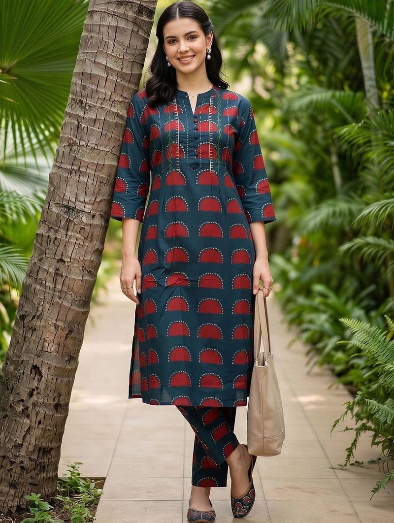 women printed regular cotton kurta with trousers