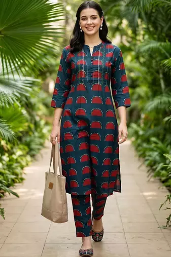women printed regular cotton kurta with trousers