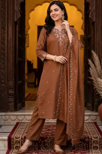 women ethnic motifs embroidered regular thread work kurta with trousers & with dupatta