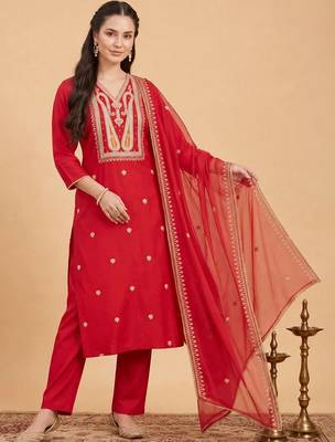 women ethnic motifs embroidered regular thread work liva kurta with trousers & with dupatta 1