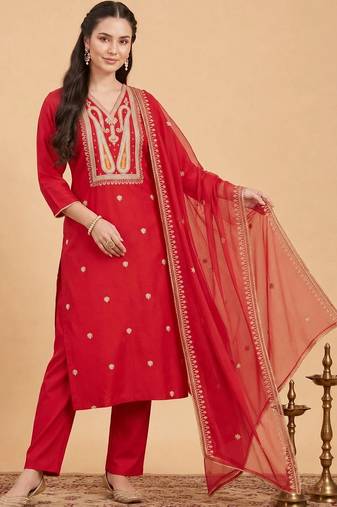 women ethnic motifs embroidered regular thread work liva kurta with trousers & with dupatta