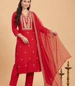 women ethnic motifs embroidered regular thread work liva kurta with trousers & with dupatta
