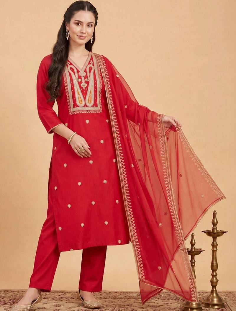 women ethnic motifs embroidered regular thread work liva kurta with trousers & with dupatta