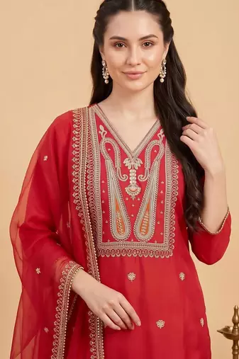 women ethnic motifs embroidered regular thread work liva kurta with trousers & with dupatta