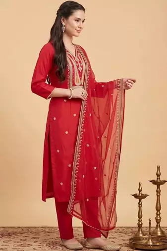 women ethnic motifs embroidered regular thread work liva kurta with trousers & with dupatta