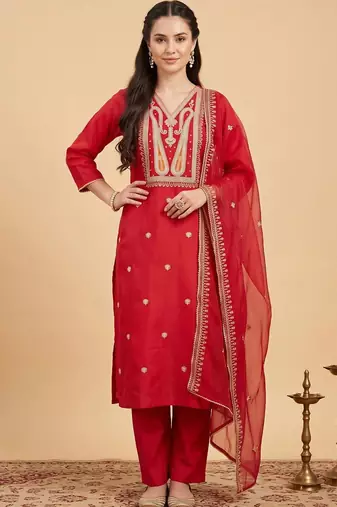 women ethnic motifs embroidered regular thread work liva kurta with trousers & with dupatta