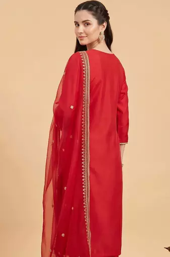 women ethnic motifs embroidered regular thread work liva kurta with trousers & with dupatta