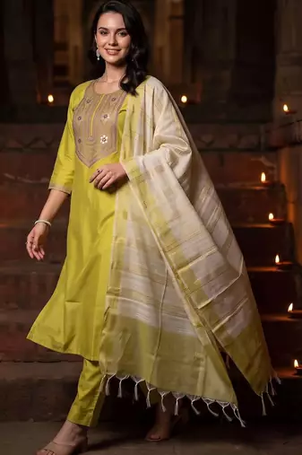 women ethnic motifs embroidered regular thread work liva kurta with trousers & with dupatta