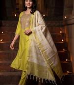 women ethnic motifs embroidered regular thread work liva kurta with trousers & with dupatta