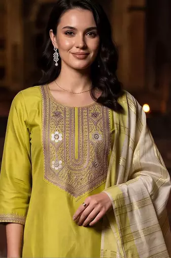 women ethnic motifs embroidered regular thread work liva kurta with trousers & with dupatta