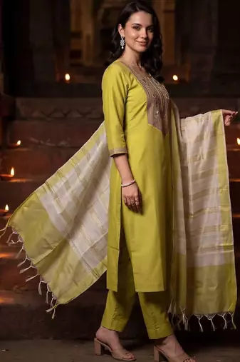women ethnic motifs embroidered regular thread work liva kurta with trousers & with dupatta