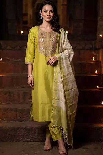 women ethnic motifs embroidered regular thread work liva kurta with trousers & with dupatta