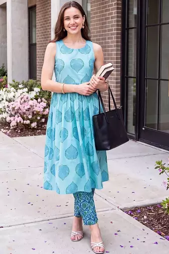 women ethnic motifs printed regular cotton kurta with trousers