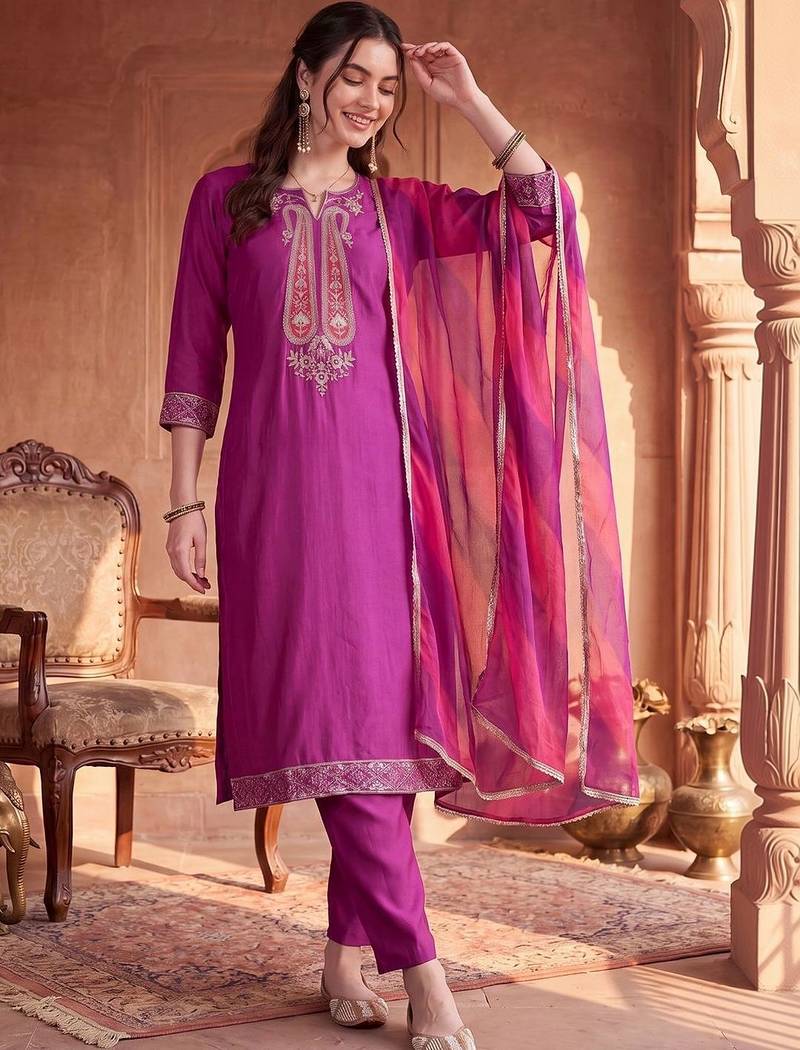 women ethnic motifs regular sequinned kurta with trousers & with dupatta