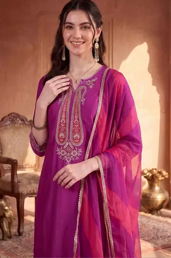 women ethnic motifs regular sequinned kurta with trousers & with dupatta
