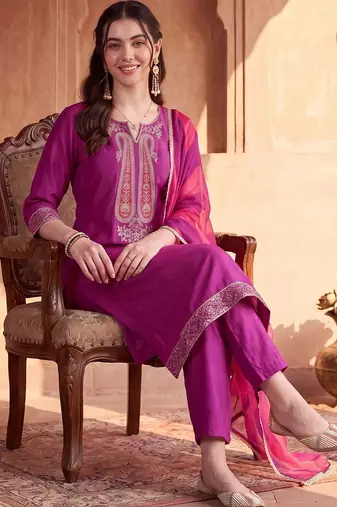 women ethnic motifs regular sequinned kurta with trousers & with dupatta