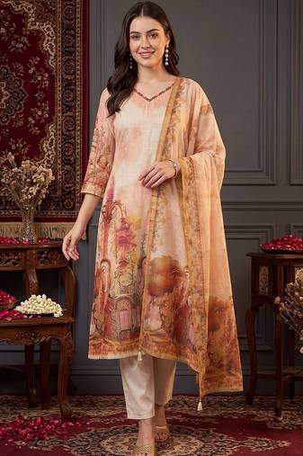 women printed regular thread work linen kurta with trousers & with dupatta