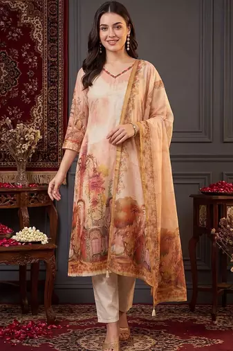 women printed regular thread work linen kurta with trousers & with dupatta