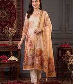 women printed regular thread work linen kurta with trousers & with dupatta