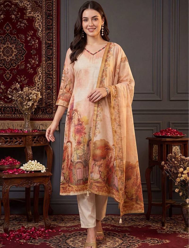 women printed regular thread work linen kurta with trousers & with dupatta