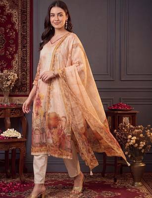 women printed regular thread work linen kurta with trousers & with dupatta 2