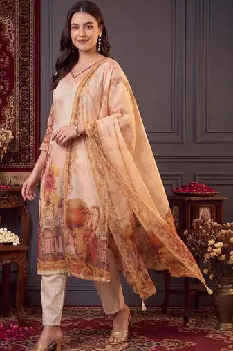 women printed regular thread work linen kurta with trousers & with dupatta