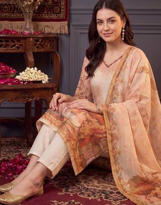 women printed regular thread work linen kurta with trousers & with dupatta 3