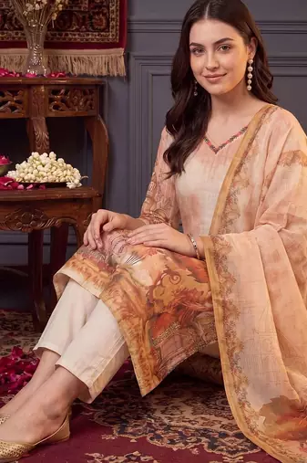 women printed regular thread work linen kurta with trousers & with dupatta
