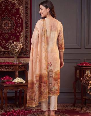 women printed regular thread work linen kurta with trousers & with dupatta 4