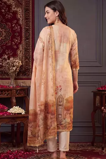 women printed regular thread work linen kurta with trousers & with dupatta