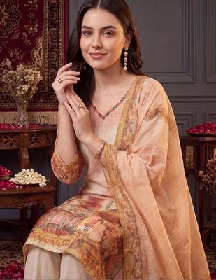 women printed regular thread work linen kurta with trousers & with dupatta 5