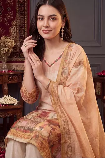 women printed regular thread work linen kurta with trousers & with dupatta