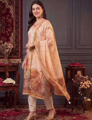 women printed regular thread work linen kurta with trousers & with dupatta 6