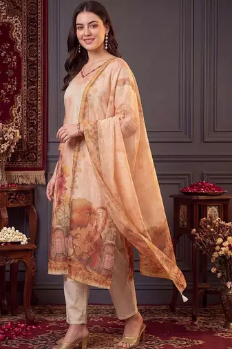 women printed regular thread work linen kurta with trousers & with dupatta