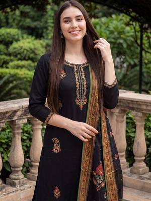women ethnic motifs embroidered regular thread work kurta with trousers & with dupatta 2