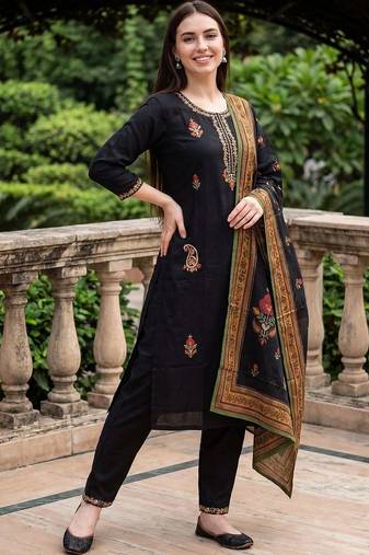 women ethnic motifs embroidered regular thread work kurta with trousers & with dupatta