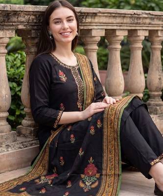 women ethnic motifs embroidered regular thread work kurta with trousers & with dupatta 6