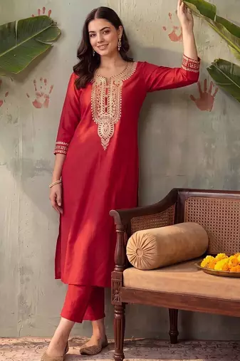 women ethnic motifs embroidered regular thread work liva kurta with trousers