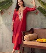 women ethnic motifs embroidered regular thread work liva kurta with trousers