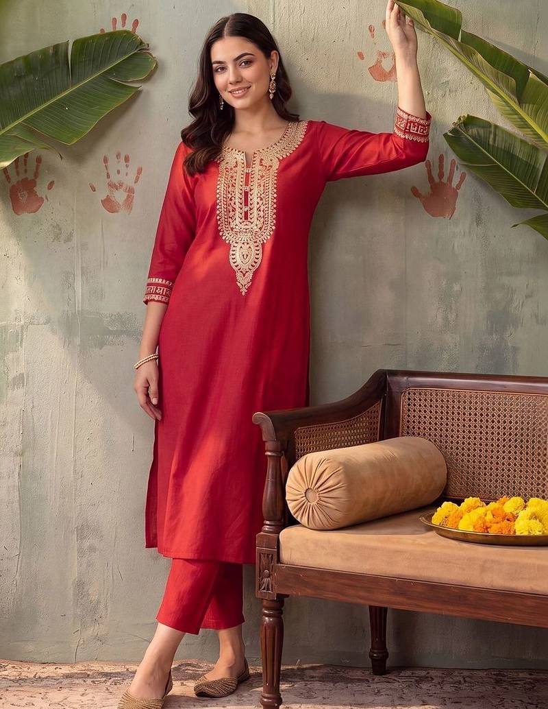 women ethnic motifs embroidered regular thread work liva kurta with trousers