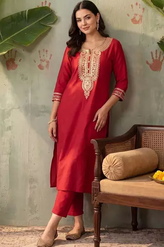 women ethnic motifs embroidered regular thread work liva kurta with trousers